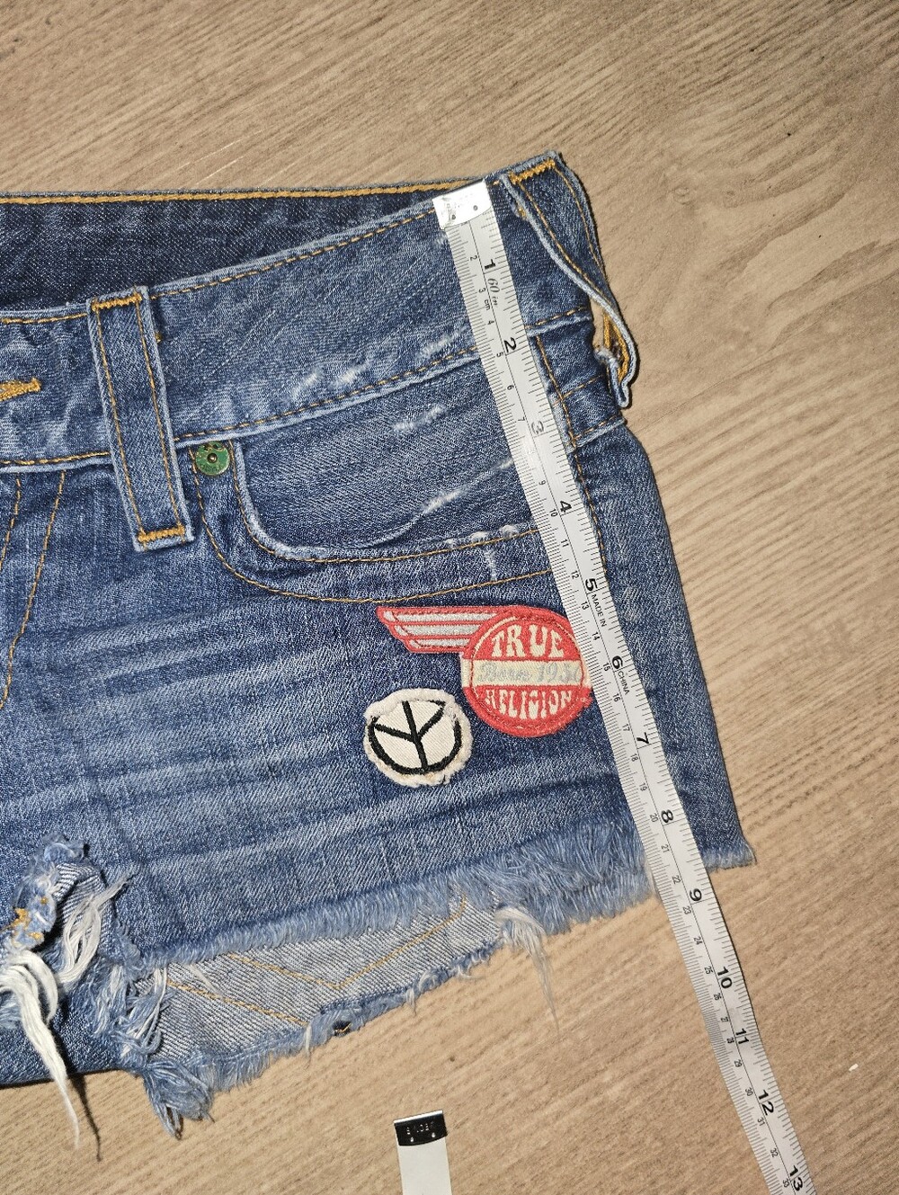 True Religion Cutoff Women's Shorts with Patch Details - Blue - Picture 8 of 10